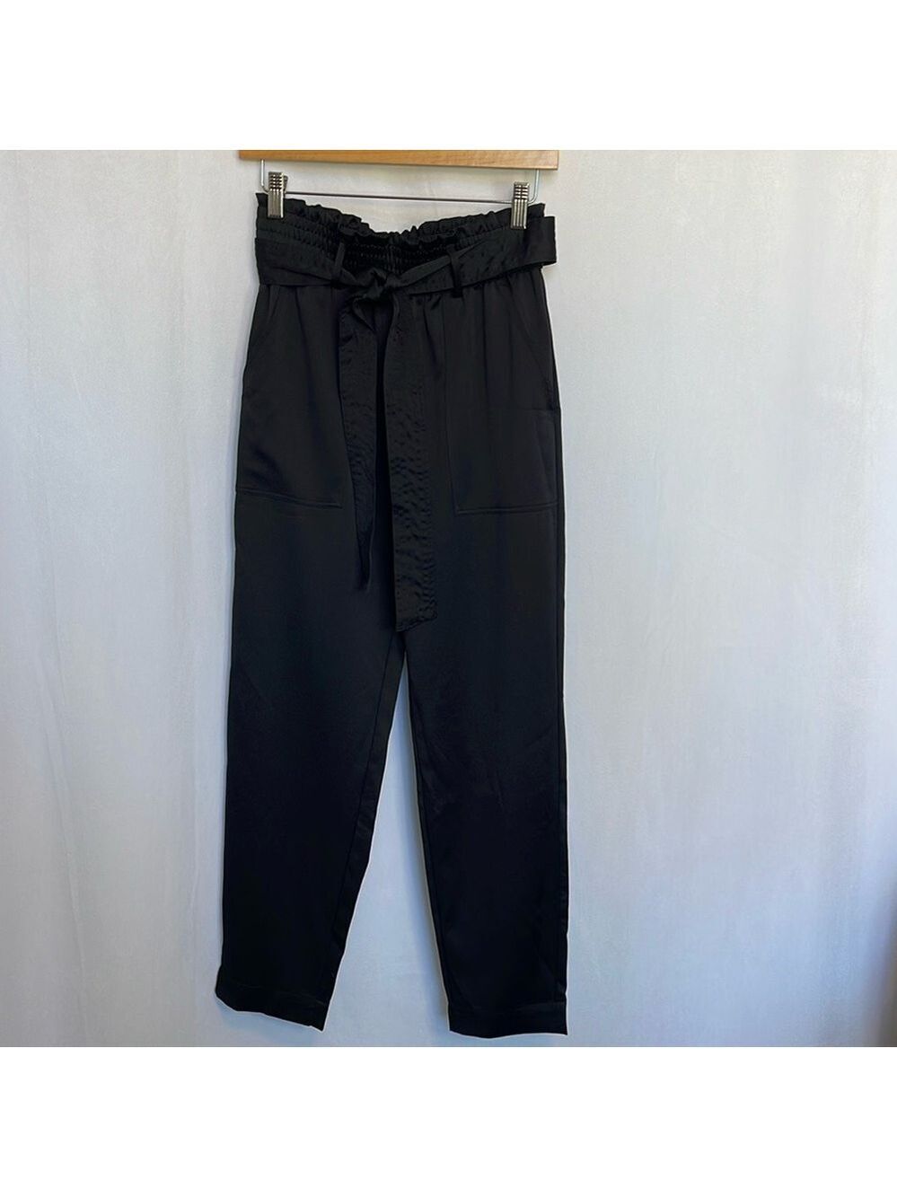 Abercrombie Women's Black Satin Pants Size S Paperbag Waist Tie Belt Pull-On EUC